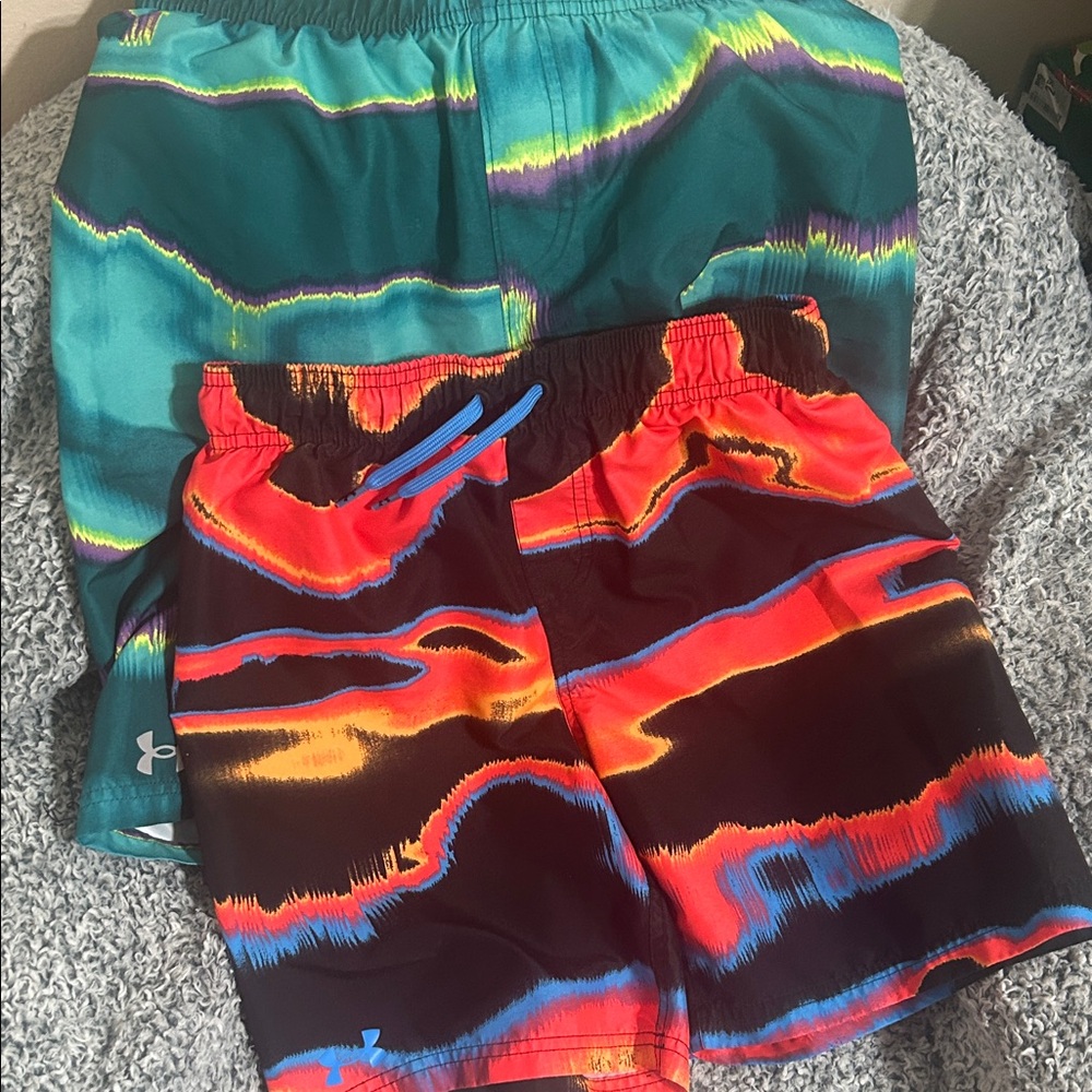 Under Armour Kids Black Swim Shorts with Red, Orange & Blue Wave Print